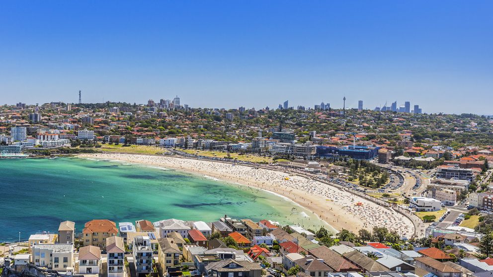 Aerial shot of Bondi Beach in Bondi , Sydney East