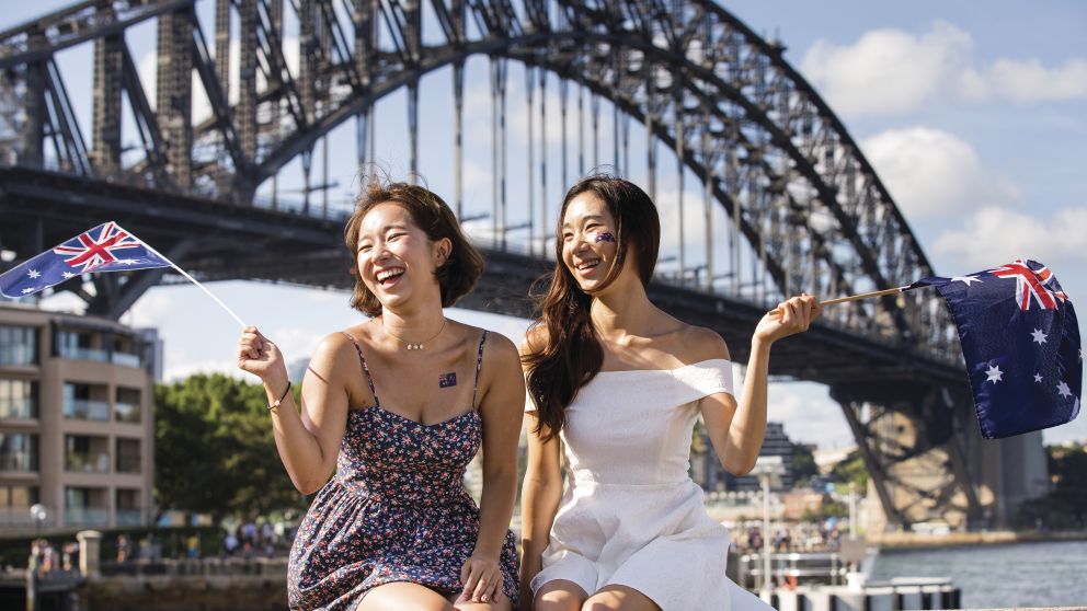 Women celebrating Australia Day by Sydney Harbour, Sydney