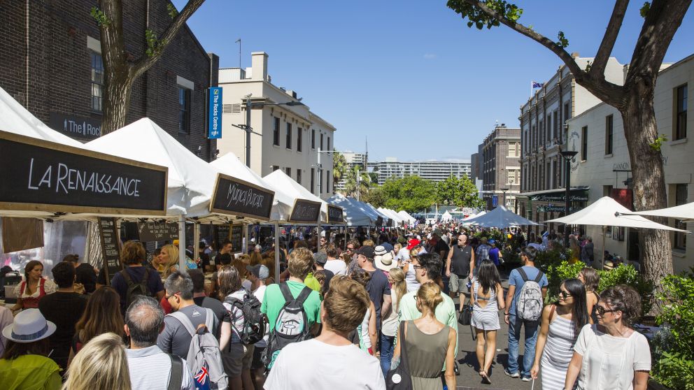 Crowds out for lunch at the Foodie Markets, The Rocks, Sydney City