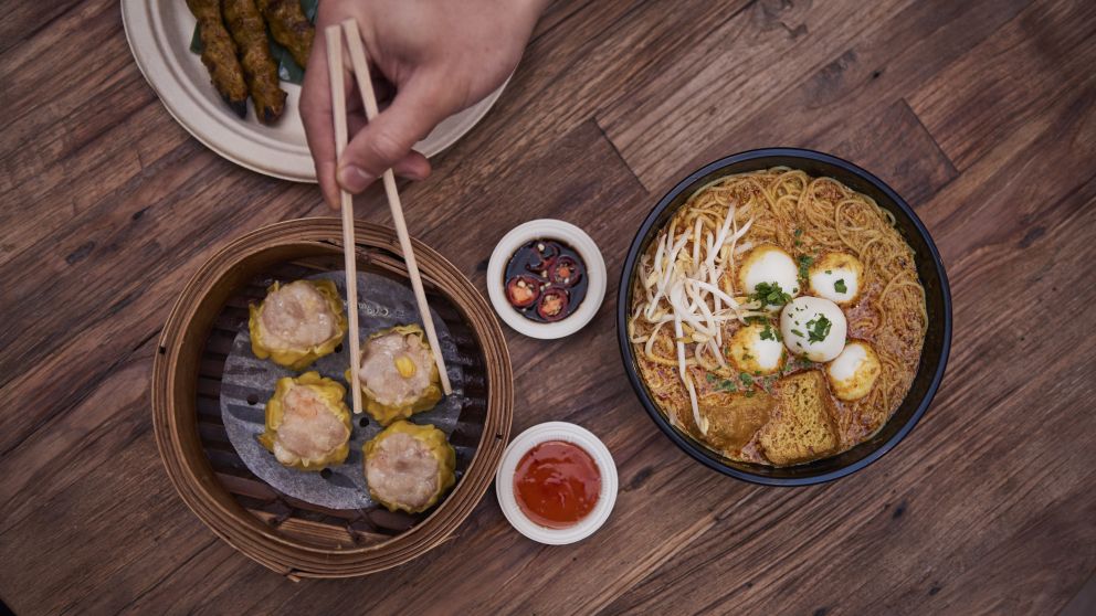 A variety of Asian hawker-style street food from Spice Alley in Chippendale, Inner Sydney