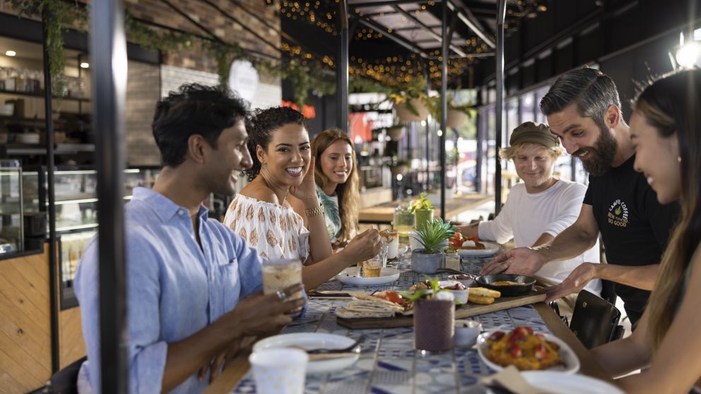 Group of friends enjoying food and drink at Dish available on the menu at The Woods Pantry, Villawood