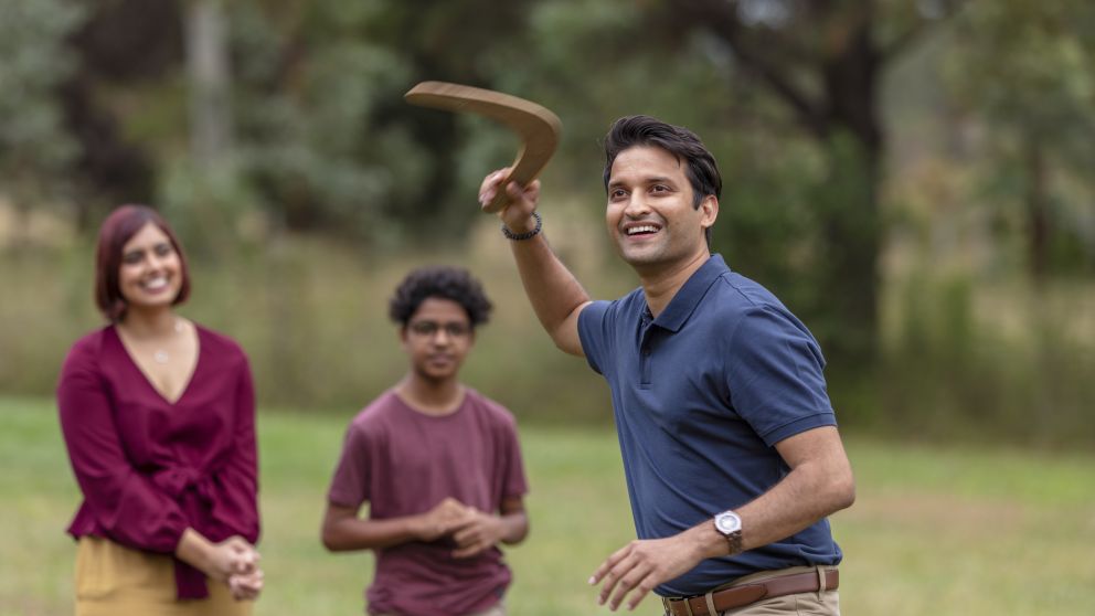 Family enjoying a visit to the Muru Mittigar Aboriginal Cultural and Education Centre, Rouse Hill in Sydney's north west