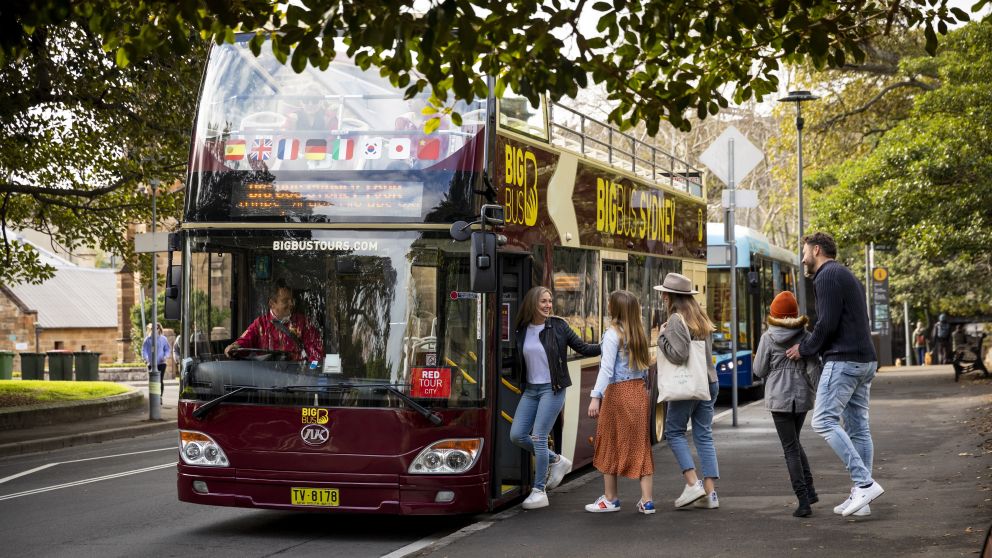 Family boarding the Big Bus Sydney vehicle near The Rocks, Sydney