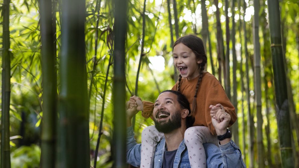 Family enjoying a visit to The Ian Potter Children's Wild Play Garden in Centennial Park