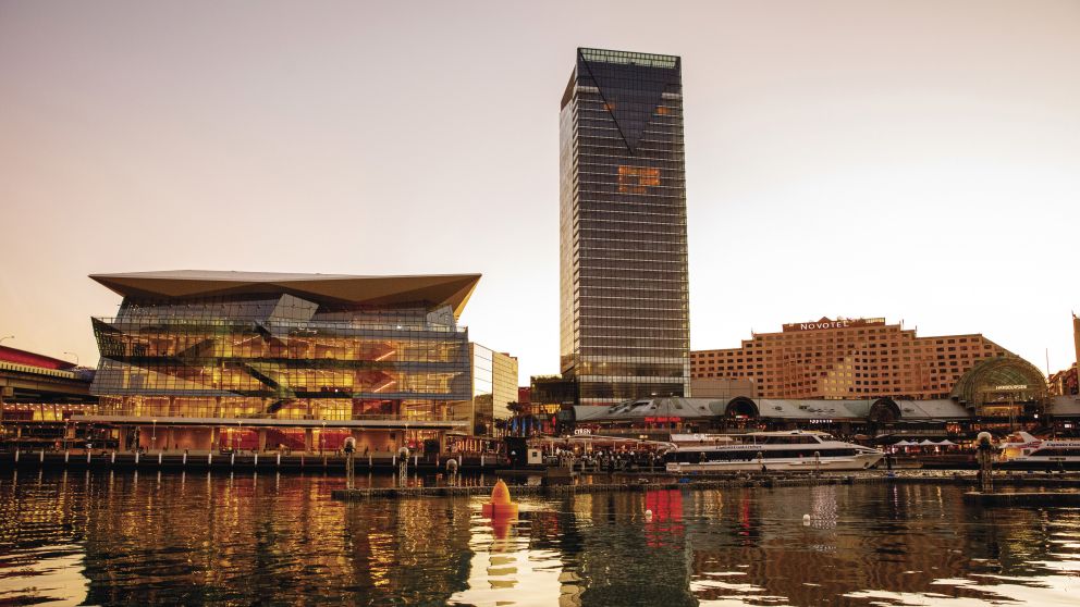 Sun setting over the International Convention Centre (ICC) and Sofitel Darling Harbour