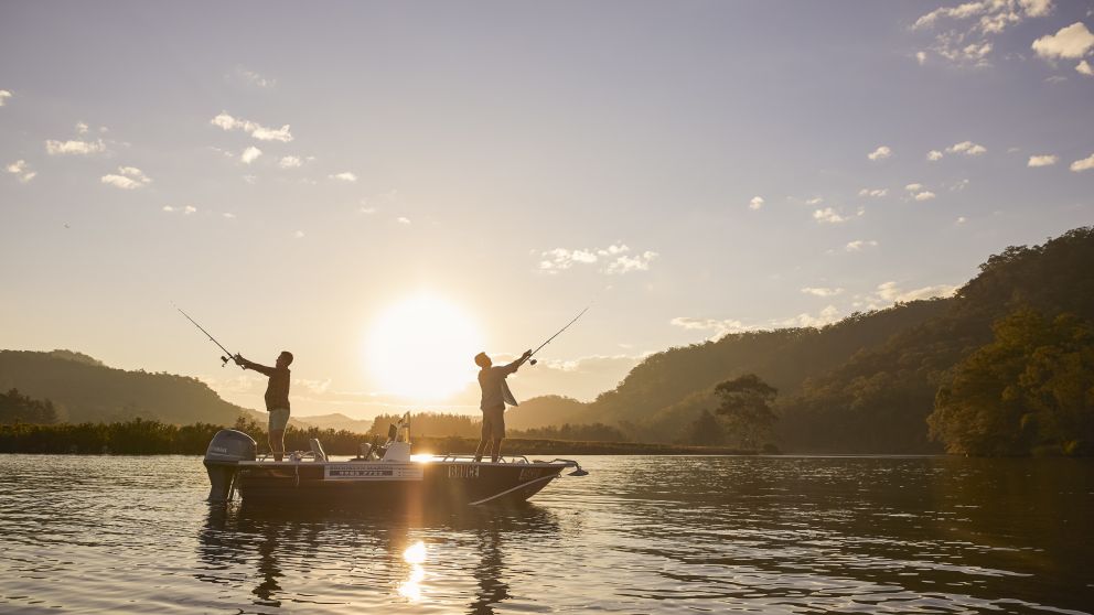 Friends enjoying an afternoon of fishing on the Hawkesbury River, Wisemans Ferry