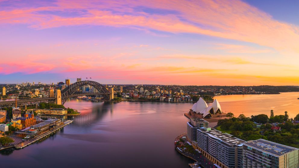 Aerial view over the sunrise in Circular Quay