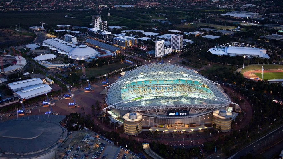 Aerial of ANZ Stadium at Sydney Olympic Park at dusk