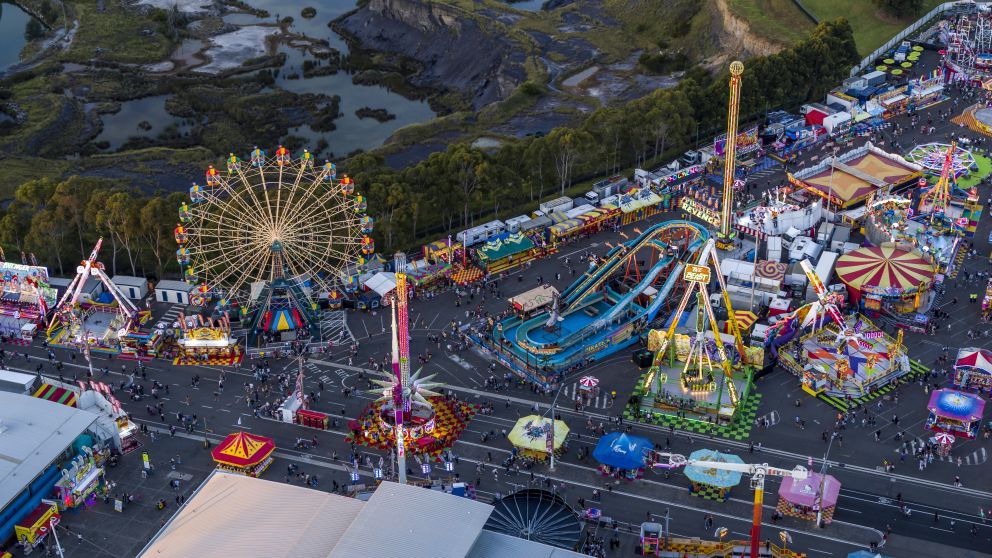 Aerial overlooking the 2019 Royal Easter Show at the Sydney Showground, Sydney Olympic Park