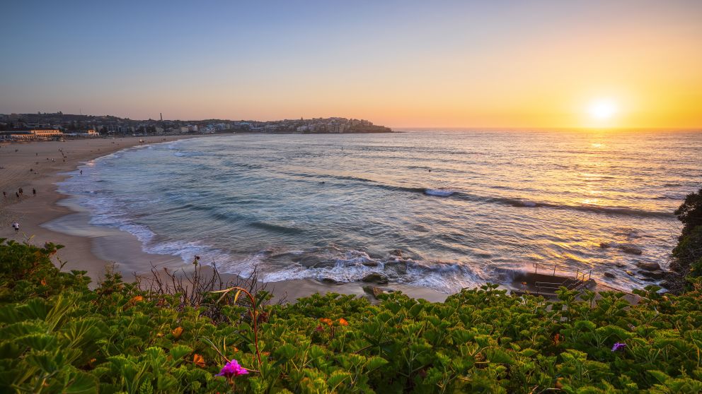 Morning sun rising over Bondi Beach, Sydney east
