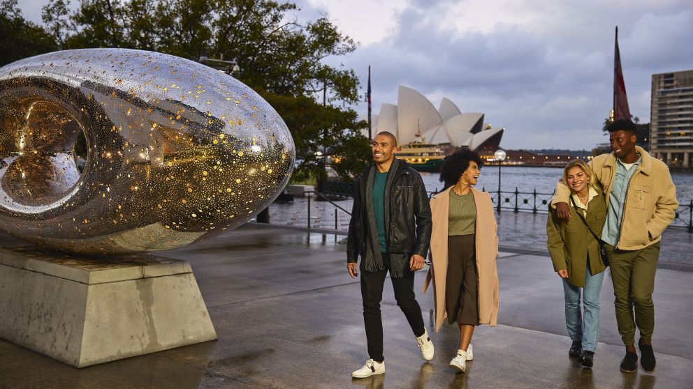 Friends arriving outside the Museum of Contemporary Art Australia in The Rocks, Sydney City