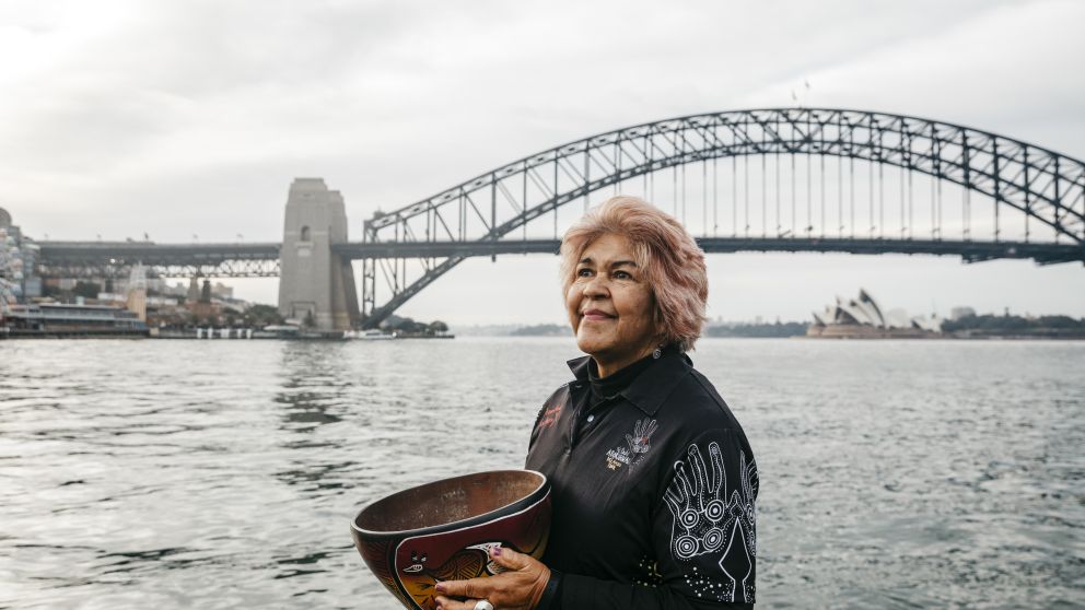 Margert Campbell performing a smoking ceremony at Blues Point Reserve, Blues Point in Sydney as part of the Dreamtime Southern X experience