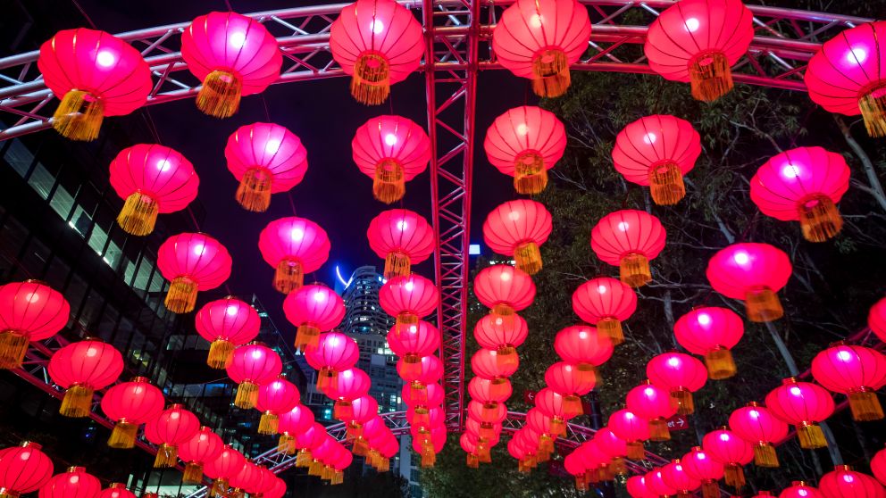 Chinese lanterns on display at the 2018 Chinese New Year Lantern Festival, Tumbalong Park, Darling Harbour