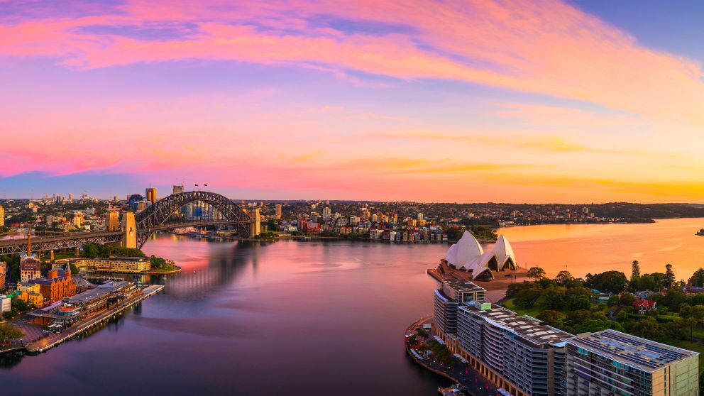 Aerial view over the sunrise in Circular Quay