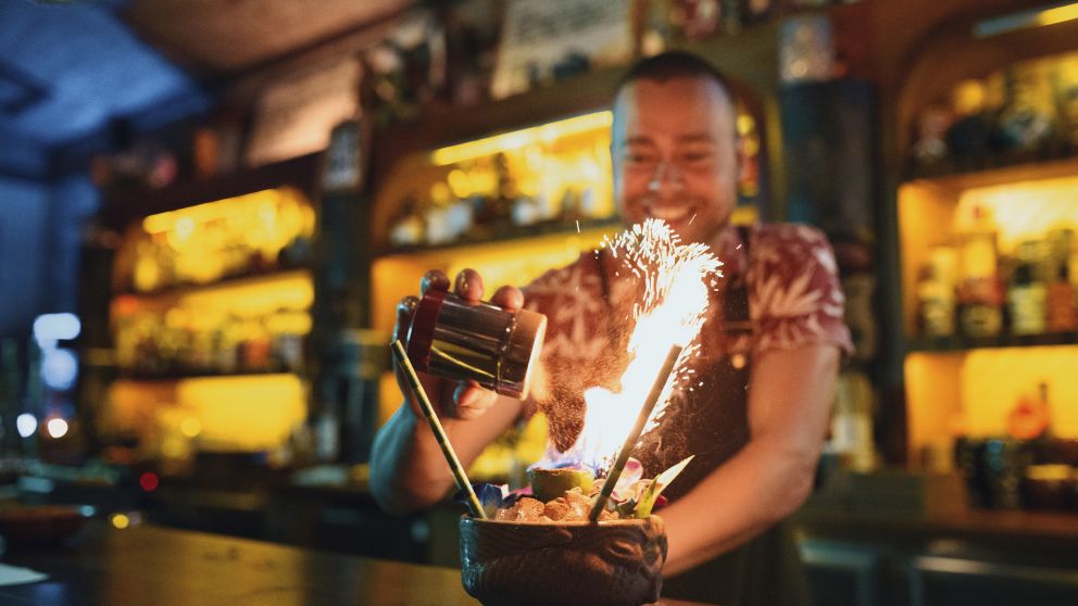 Bartender creating a specialty cocktail at Jacoby’s Tiki Bar in Enmore, Newtown
