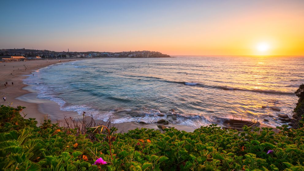 Morning sun rising over Bondi Beach, Sydney east