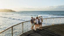 Bondi Beach, Bondi Friends taking a selfie with views of the southern end of Bondi Beach, Bondi