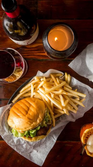 Potato and gravy, wine, cheeseburger, fries, fried chicken and a Bloody Burger Mary from Mary's Newtown, Newtown