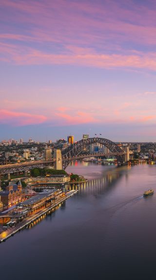 Sun rising over Sydney Harbour and Circular Quay, Sydney City