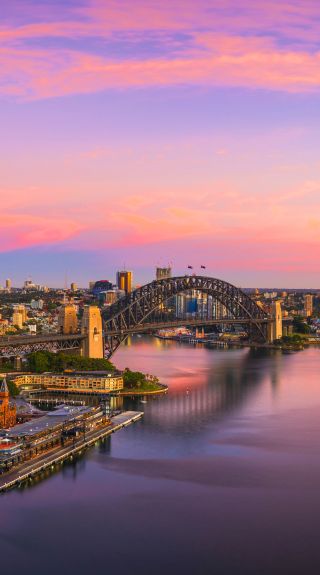 Aerial view over the sunrise in Circular Quay