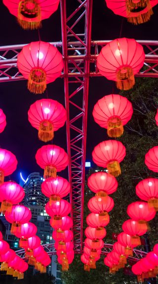 Chinese lanterns on display at the 2018 Chinese New Year Lantern Festival, Tumbalong Park, Darling Harbour