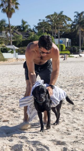 Man enjoying a day at the beach with his dog, Rose Bay Dog Beach, Rose Bay