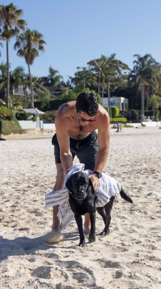 Man enjoying a day at the beach with his dog, Rose Bay Dog Beach, Rose Bay