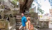 Couple exploring the historic back streets of The Rocks, Sydney.