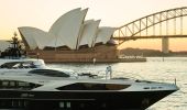Aerial view of the Ghost II Super Yacht as it sails past iconic Sydney landmarks, Sydney Harbour