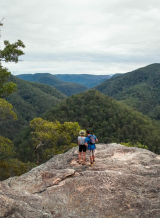 Hikers admiring the Grose River Gorge from the Vale of Avoca, Hawkesbury