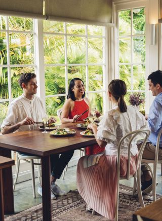 Group of friends enjoying lunch at Chiswick Restaurant, Woollahra in Sydney's eastern suburbs