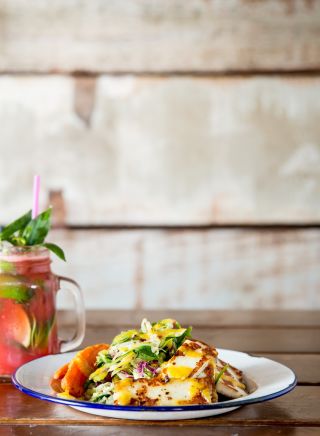 Halloumi salad with Agua fresca watermelon and tequila at Beach Burrito Co., Newtown