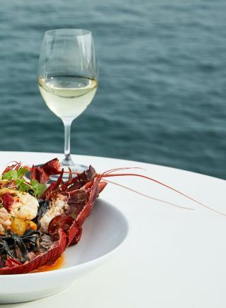 Lobster with house made squid ink spaghetti at Catalina Rose Bay, Sydney East