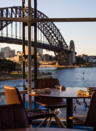 Dining room view to Sydney Harbour Bridge at Quay restaurant, 