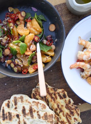 Two Ingredient Flatbreads, with grilled prawns and carrot, mandarin and Warrigal green salad
