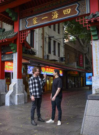 Hayden and MasterChef alumni Reynold Poernomo  in front of the Emperor’s Garden Restaurant in Chinatown
