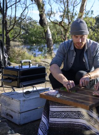 Hayden with Luisa Brimble, lifestyle and food photographer cooking Ensaladang Talong, Sydney West