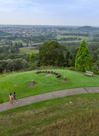 Aerial overlooking Sundial Hill at The Australian Botanic Garden, Mount Annan