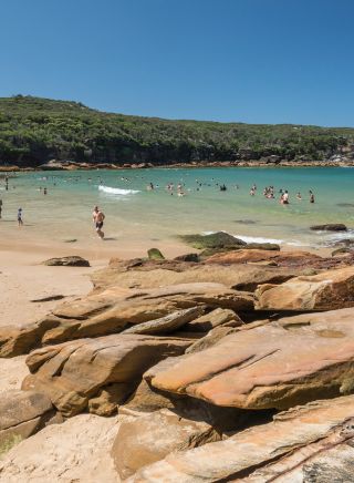 Crowds enjoying Wattamolla Beach in the Royal National Park