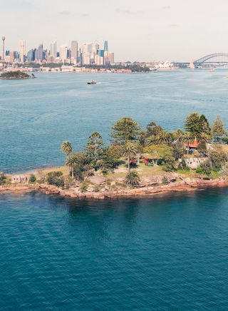 Scenic views across Sydney Harbour to Sydney CBD from Shark Island, Sydney Harbour