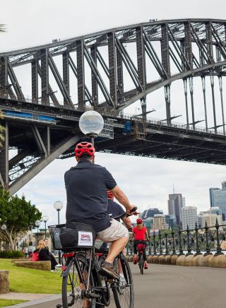 Couple enjoying bike ride with Sydney Harbour Bike Tours, The Rocks