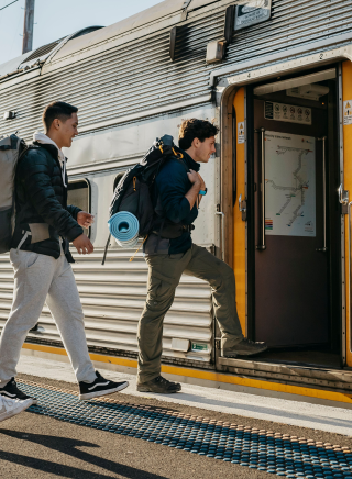 Young people catching a train, Katoomba Station, Blue Mountains