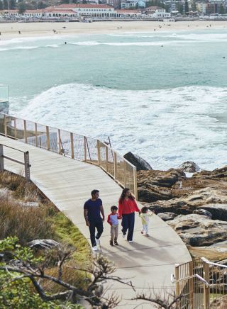 Famly walking along the path, Bondi to Bronte Coastal Walk, Bondi