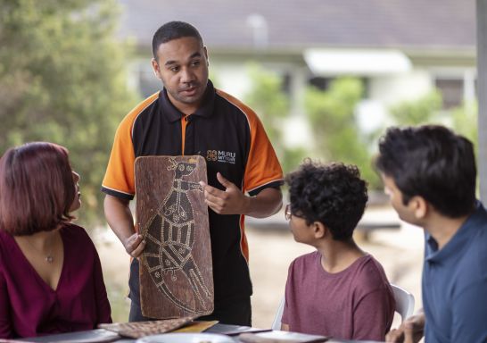 Family enjoying a visit to the Muru Mittigar Aboriginal Cultural and Education Centre, Rouse Hill in Sydney's north west.