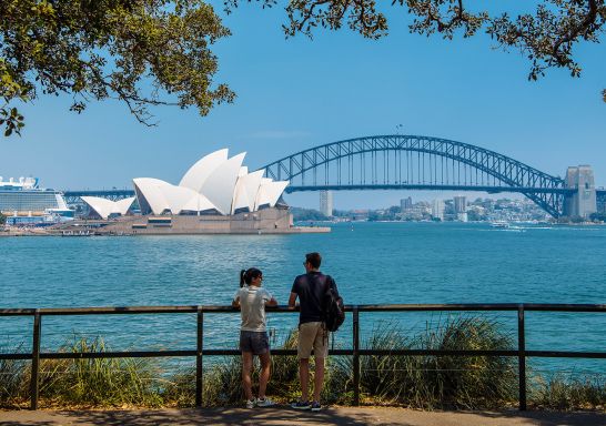 Couple enjoying scenic views of Sydney Harbour from Mrs Macquaries Point
