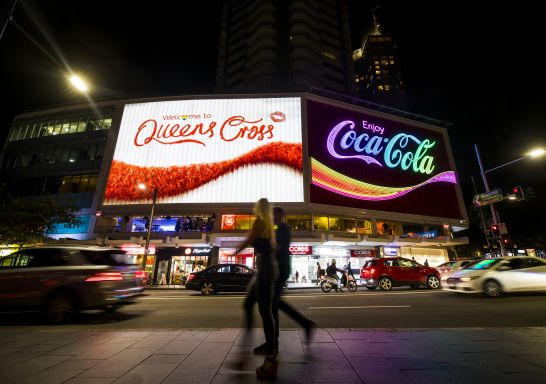 The Coca-Cola sign also known as 'The Coke Sign' lit up for the Mardi Gras weekend in Kings Cross, Sydney