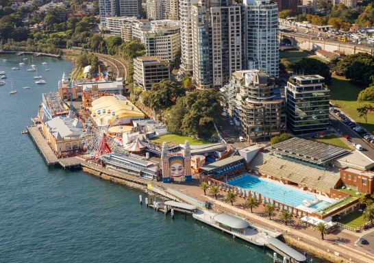 Luna Park and North Sydney Olympic Pool as seen from the Sydney Harbour Bridge.