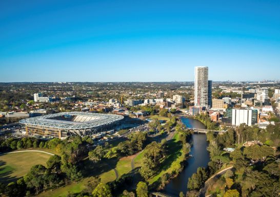 Aerial overlooking the Bankwest Stadium, Parramatta in Western Sydney