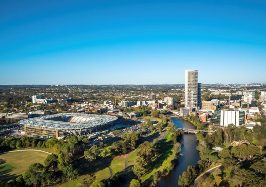 Aerial overlooking the Bankwest Stadium, Parramatta in Western Sydney