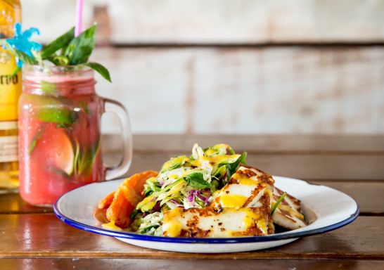 Halloumi salad with Agua fresca watermelon and tequila at Beach Burrito Co., Newtown